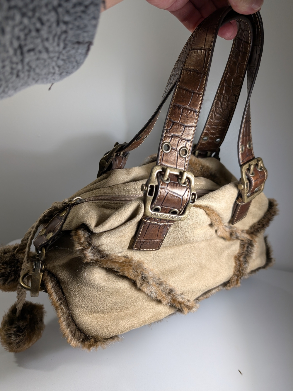 Franco Sarto Beige Suede Shoulder Bag Brown Faux Fur Croc Emboss Strap & Bottom - Picture 5 of 10